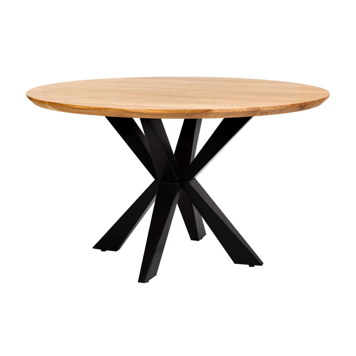 Bahia Round Dining Table showcasing wood top and black metal legs.