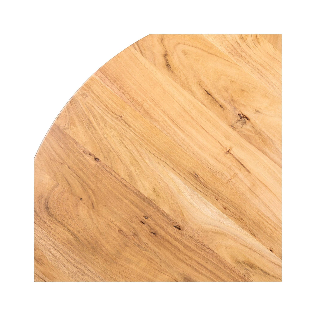 Close-up of round acacia wood tabletop surface.