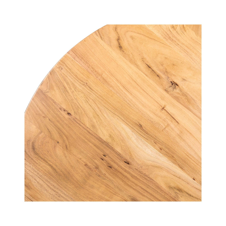 Close-up of round acacia wood tabletop surface.