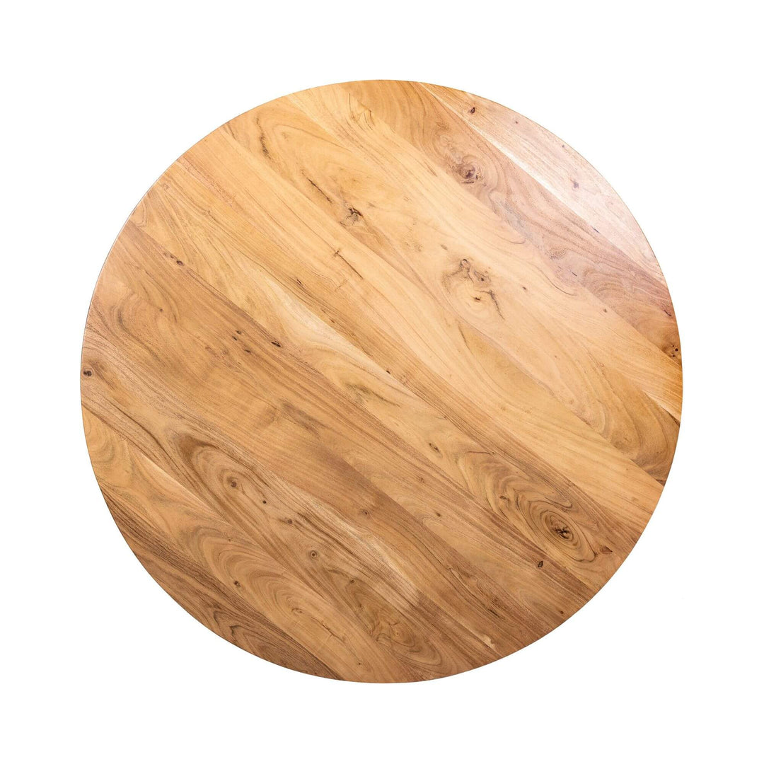 Close-up of acacia wood tabletop showing natural grain.