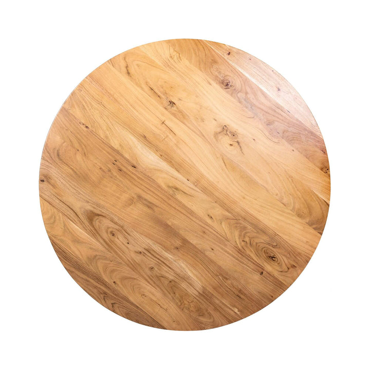 Close-up of acacia wood tabletop showing natural grain.