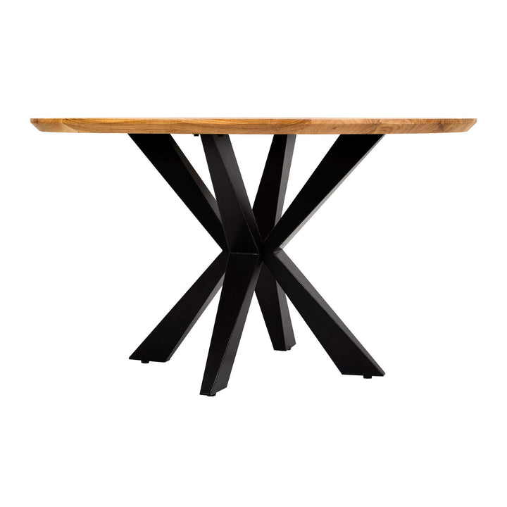Bahia round dining table in acacia wood with black metal base – side view.