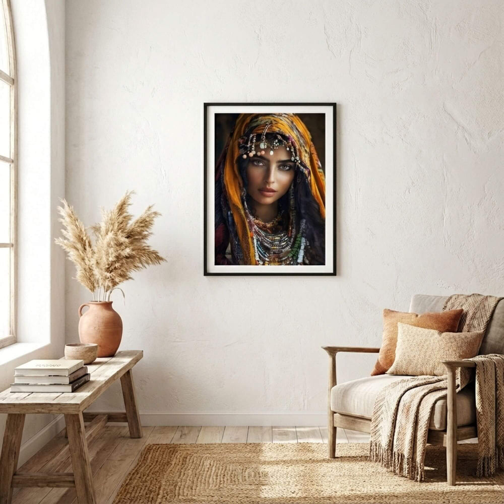 Styled interior setting showing the artwork displayed as a focal point in a warm, minimalist living space.