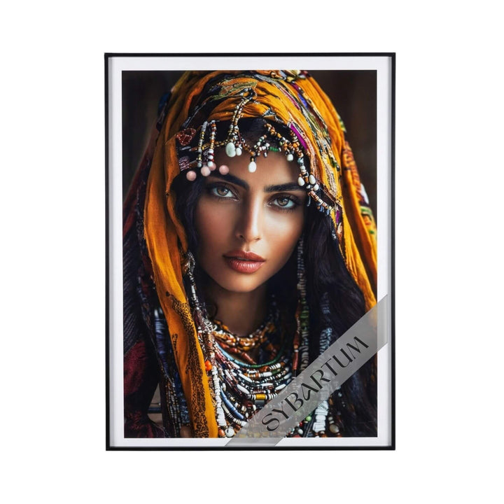 Front view of framed “Bajo el Signo de Ishtar” artwork featuring a powerful female portrait with rich colors and symbolic details.