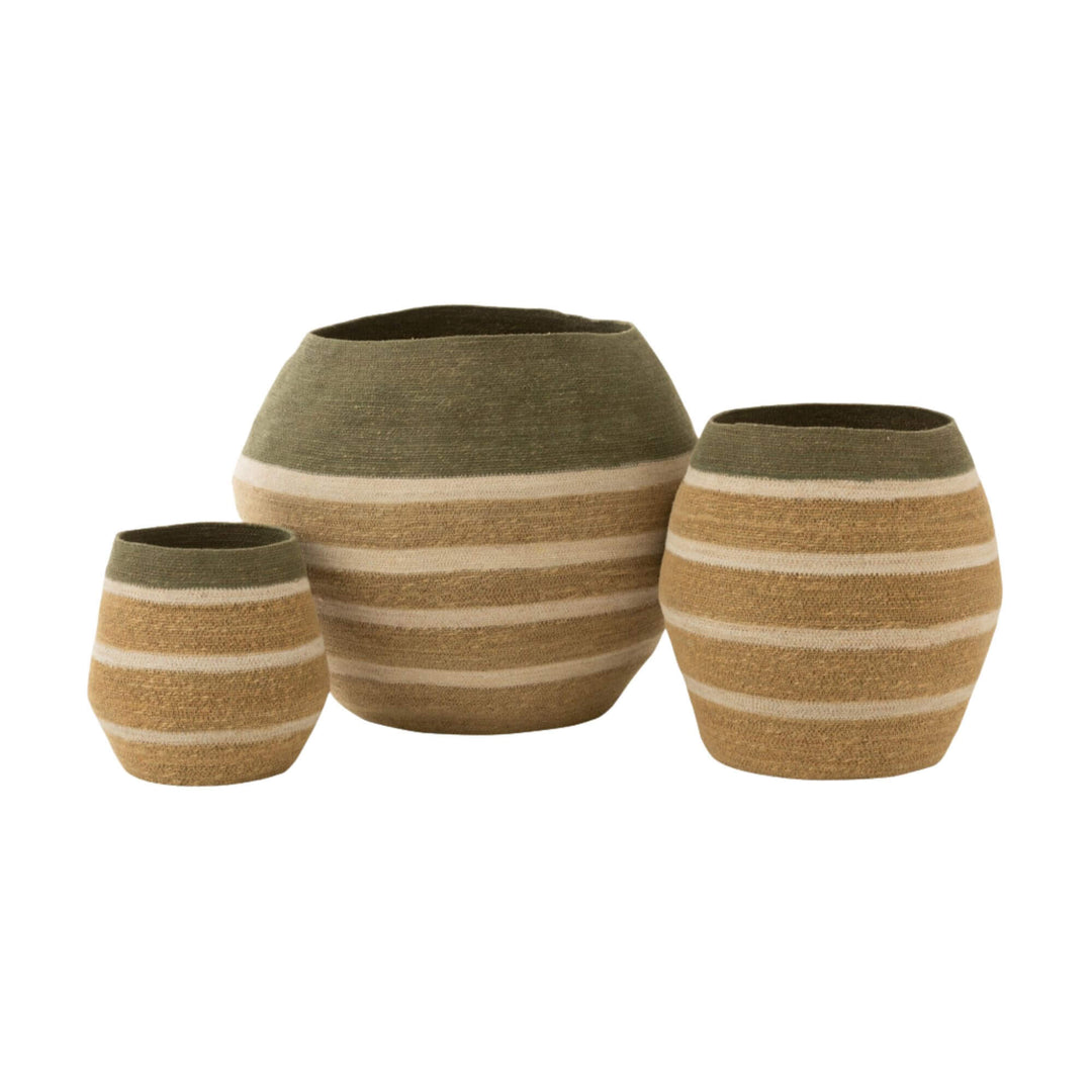 Set of Balangan Seaweed Baskets in natural and olive green tones, three sizes.