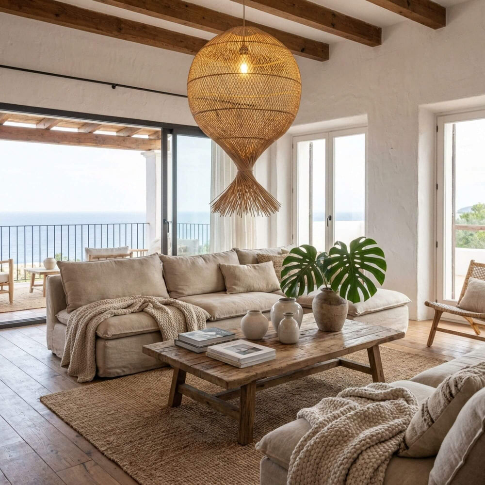 Styled living room featuring the Bali Ball lamp hanging above a seating area.