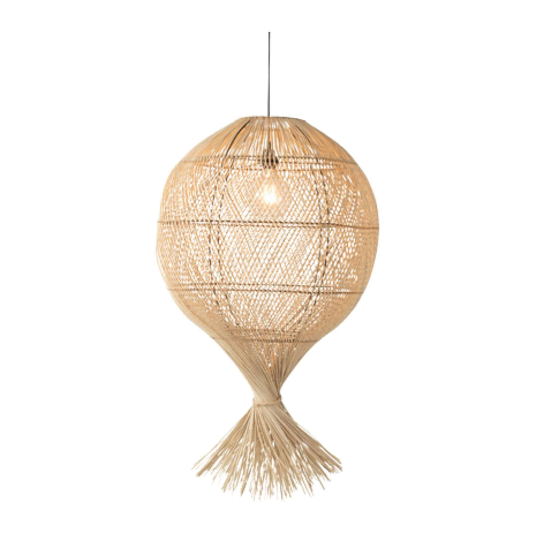 Front view of Bali Ball Lamp in natural rattan, hanging from ceiling.