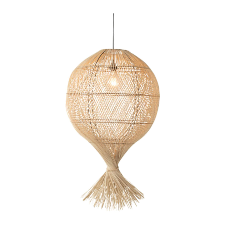 Front view of Bali Ball Lamp in natural rattan, hanging from ceiling.