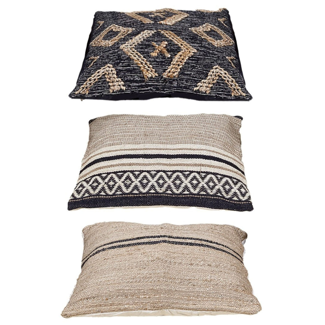 Set of three Bali Collection jute cushions in assorted natural patterns