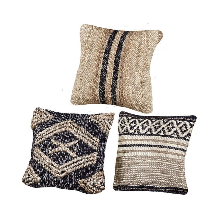 Three assorted Bali Collection Cushions showing different jute patterns and textures
