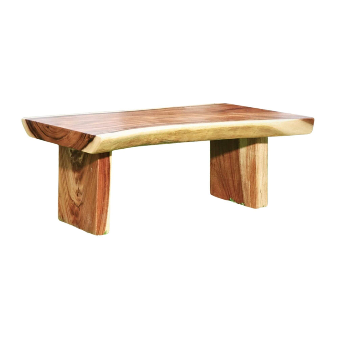 Bali Suar Wood Coffee Table with solid live-edge rectangular top and block legs on a white background.
