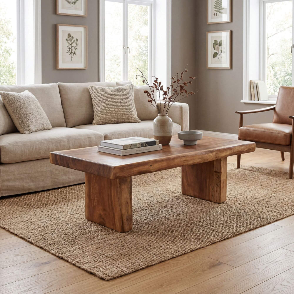 Styled living room setting featuring the Bali coffee table in a warm natural interior.