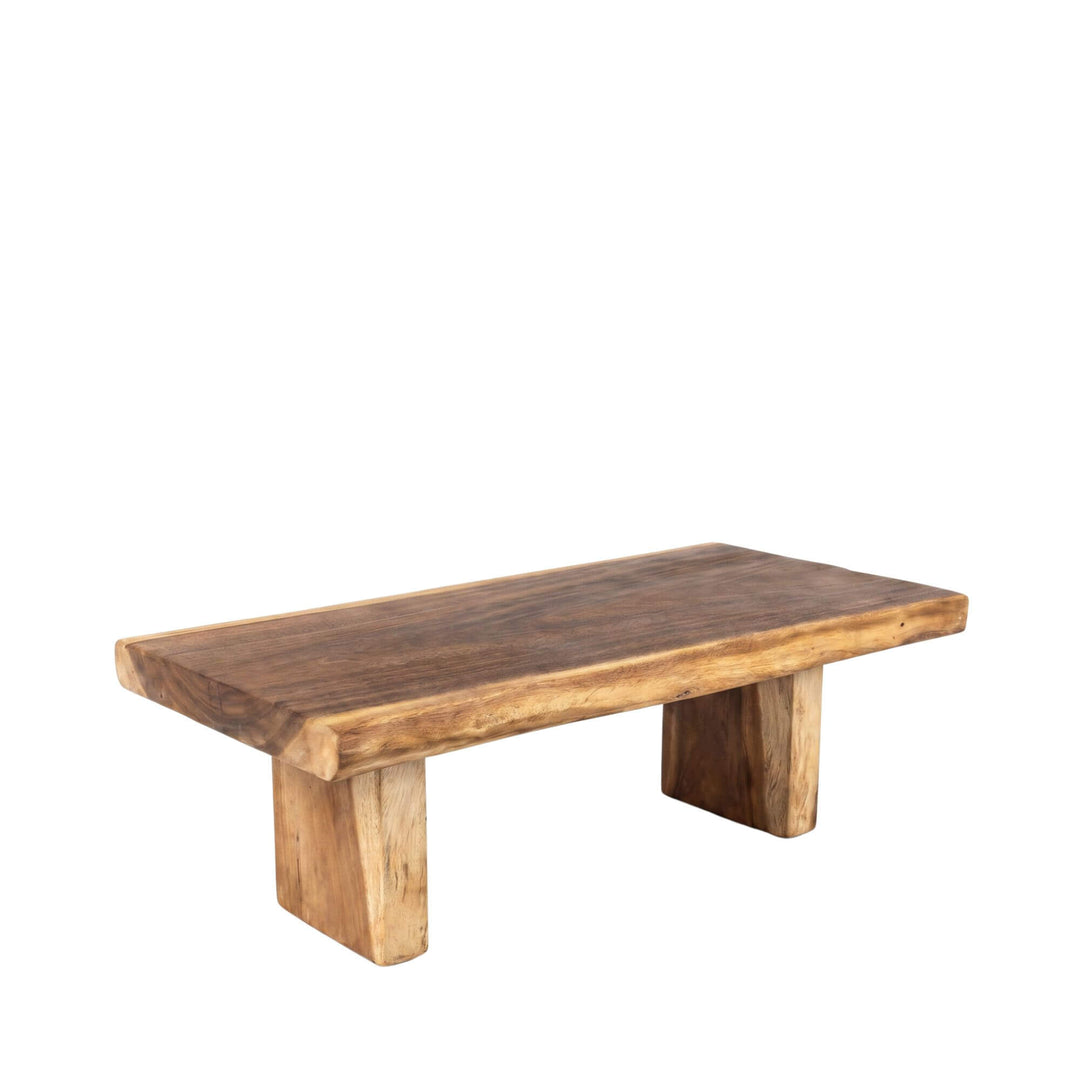 Front view of the Bali suar wood coffee table showing its solid wood top and sturdy block legs.