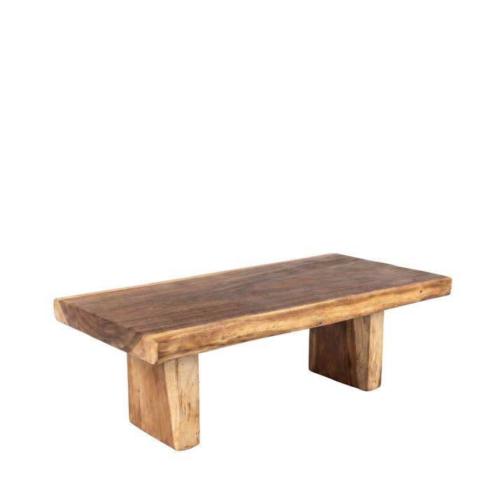 Front view of the Bali suar wood coffee table showing its solid wood top and sturdy block legs.