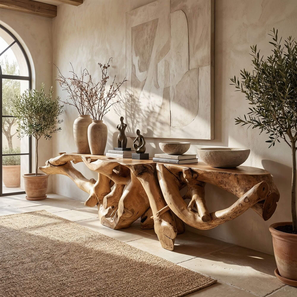 Styled interior setting featuring the Balrog console table as a statement piece in a warm natural space.