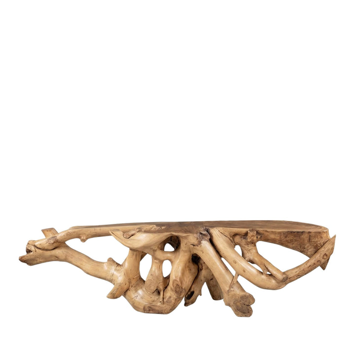 Front view of the Balrog suar wood console table showcasing its long organic silhouette and sculptural base.