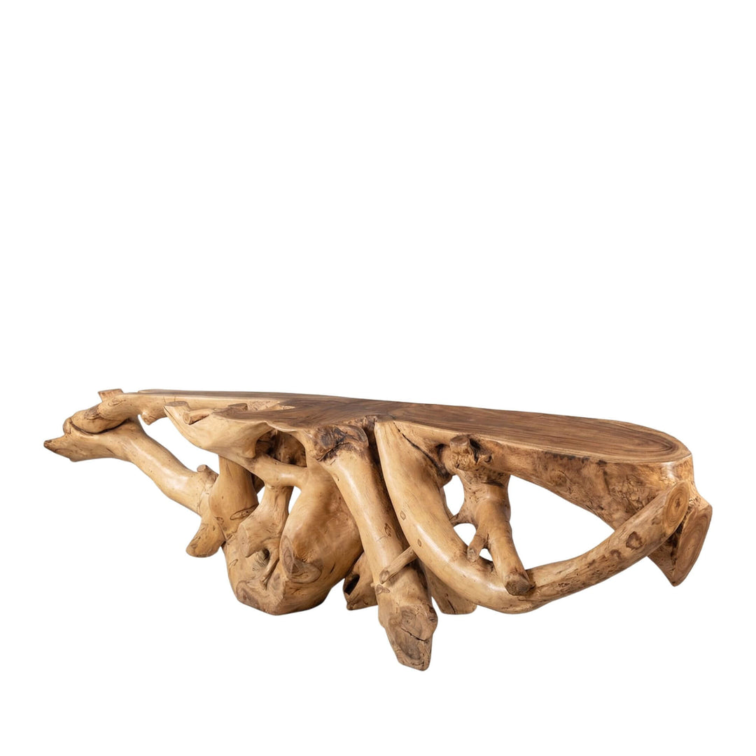 Angled view of the console table highlighting the flowing suar wood structure and handcrafted form.