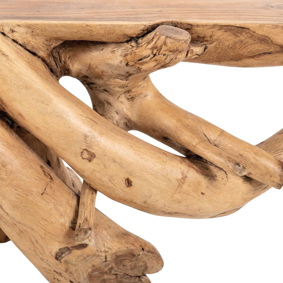 Close-up detail of the intertwined suar wood base showing organic curves and texture.