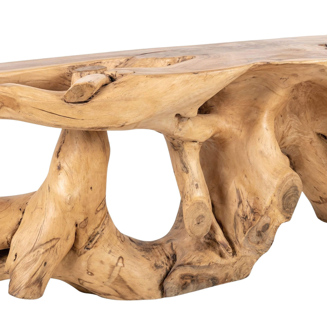 Close-up of the tabletop edge and support showing the raw natural contours of the wood.