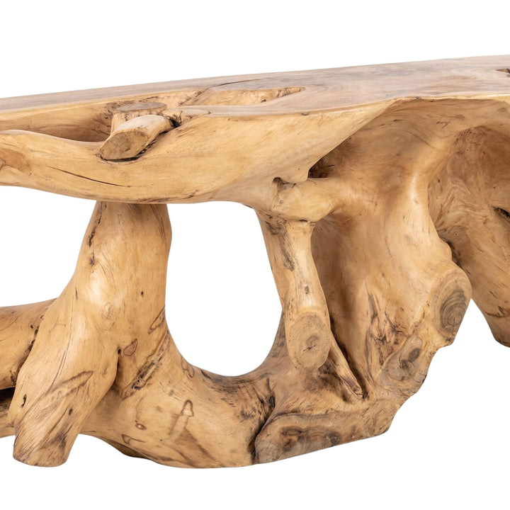 Close-up of the tabletop edge and support showing the raw natural contours of the wood.