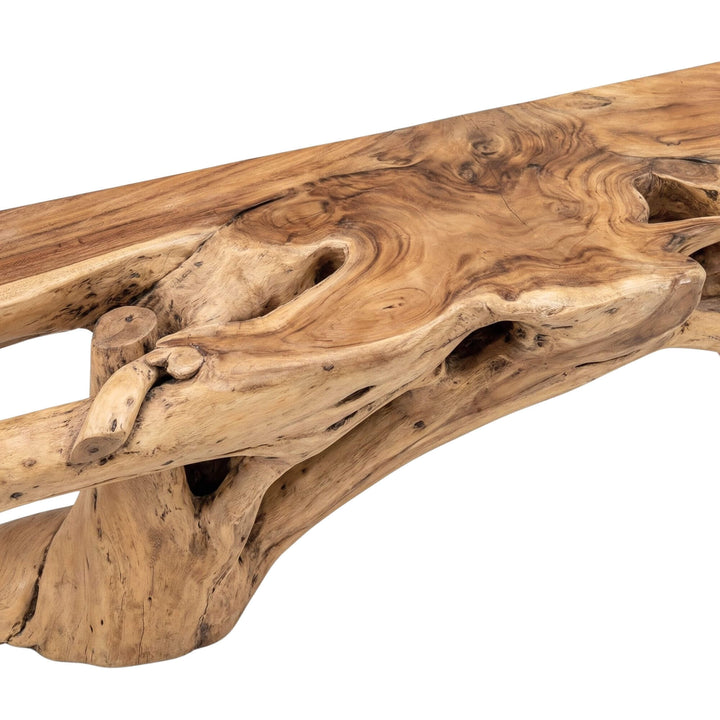 Detail of the side section showing rich wood grain and the table’s organic carved profile.