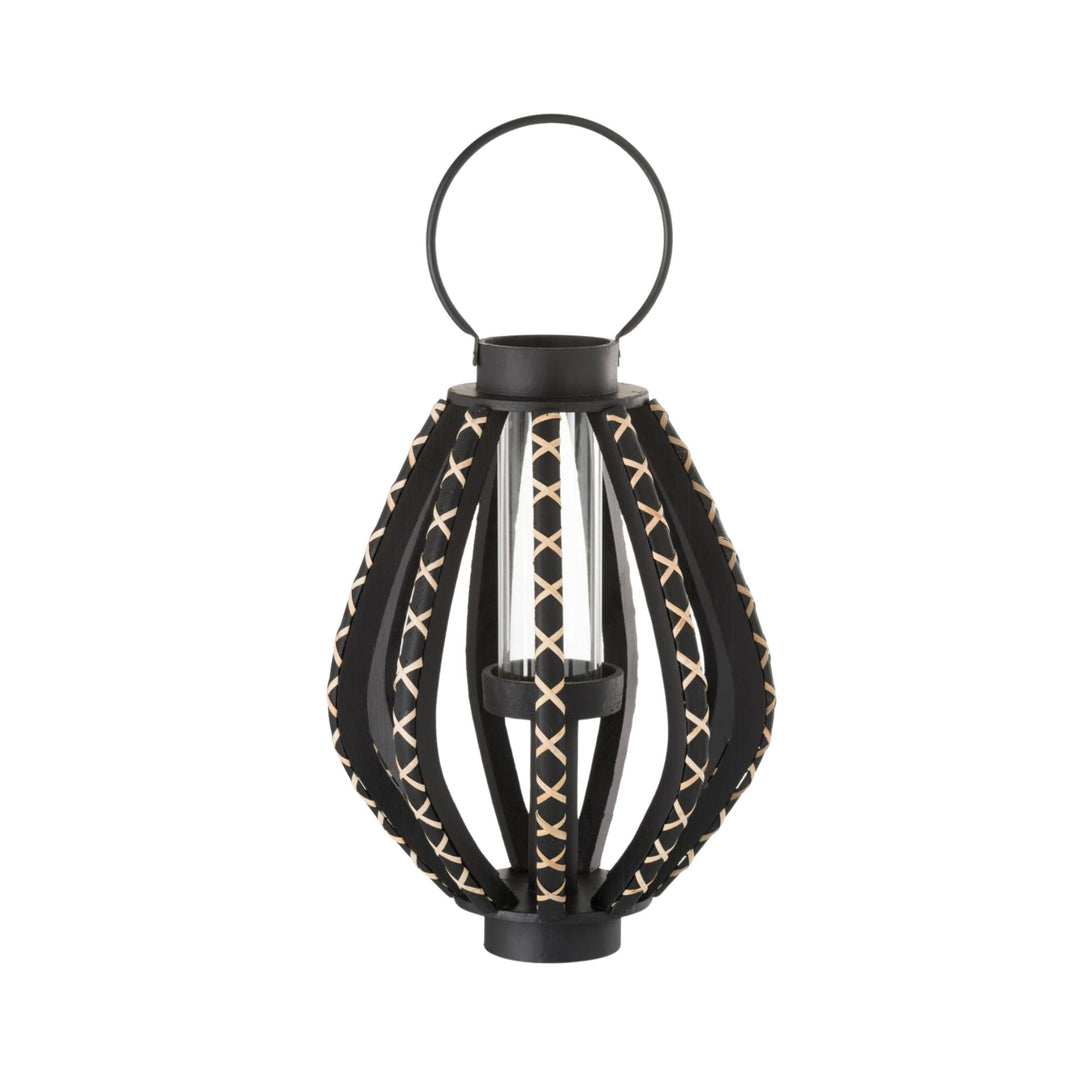 Front view of the Balu wooden lantern showcasing its sculptural open-frame design and woven detailing.