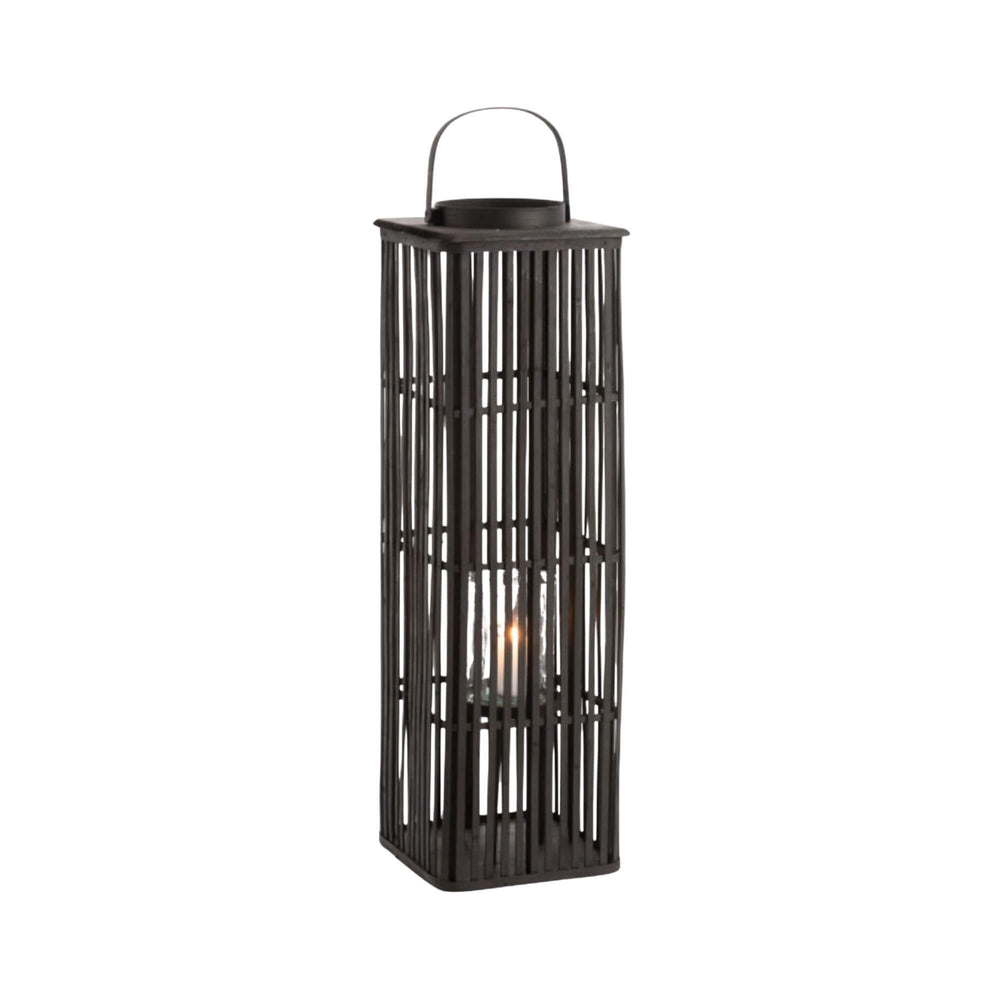 Full-length view of the black bamboo lantern showing the crystal glass candle holder inside.