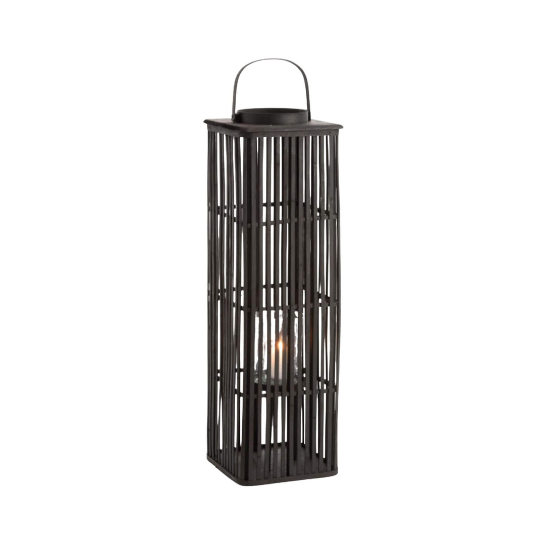 Full-length view of the black bamboo lantern showing the crystal glass candle holder inside.