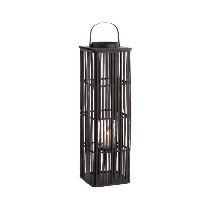 Full-length view of the black bamboo lantern showing the crystal glass candle holder inside.