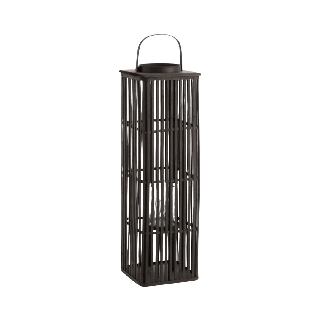 Front view of Bamboo Black Lantern highlighting its tall rectangular shape and vertical bamboo slats.