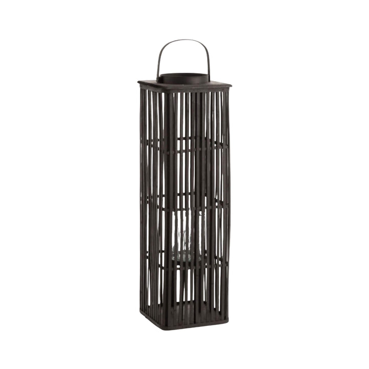 Front view of Bamboo Black Lantern highlighting its tall rectangular shape and vertical bamboo slats.
