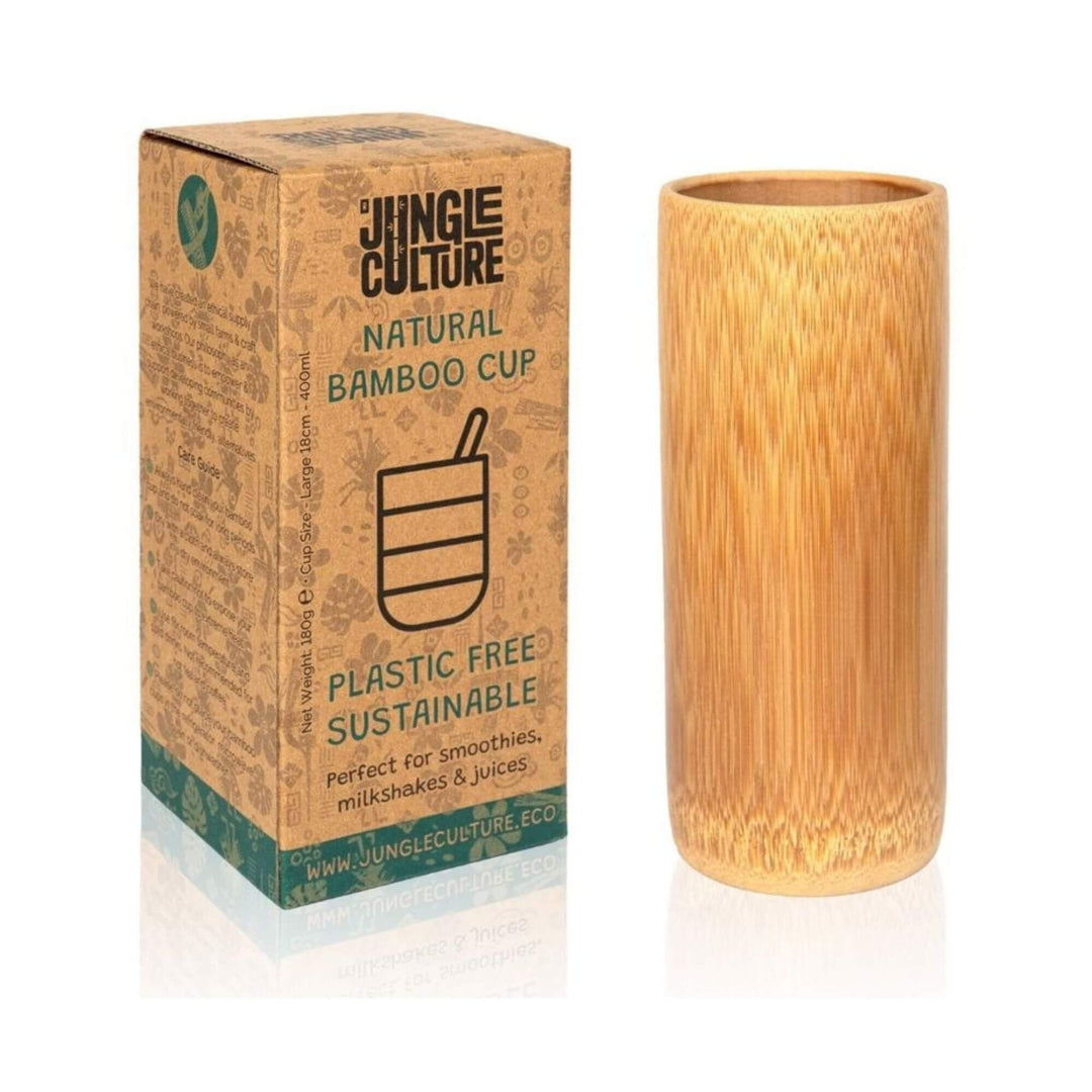 Tall natural bamboo cup standing next to its cardboard box.