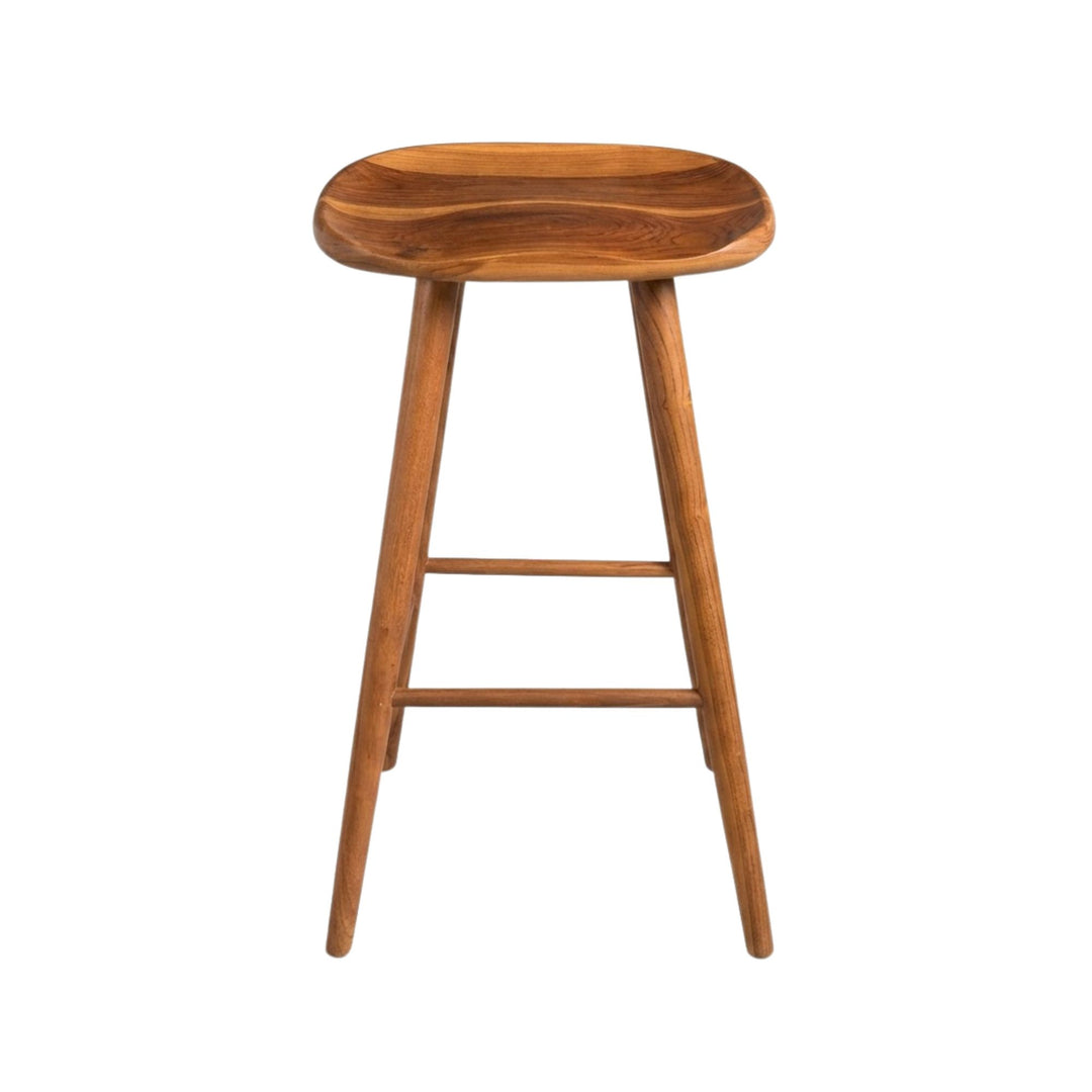 Front view of Banana Bar Stool made from solid teak wood with a softly curved seat.