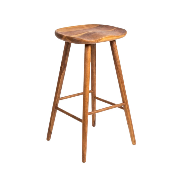 Angled view of Banana Bar Stool showing its slender legs and footrest structure.
