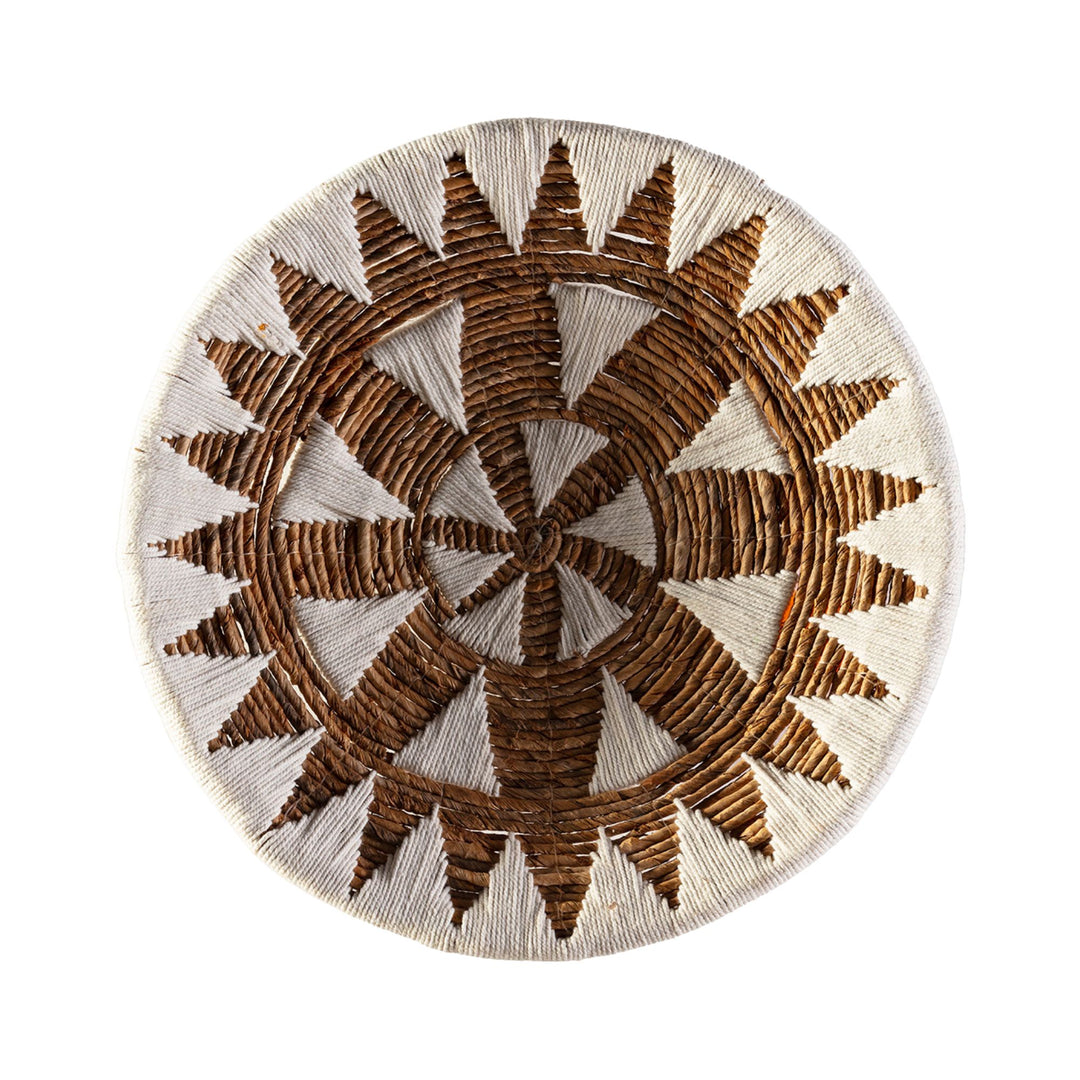 Front view of Banana Deco Plate Thai Collection “H” showing its circular geometric woven design.