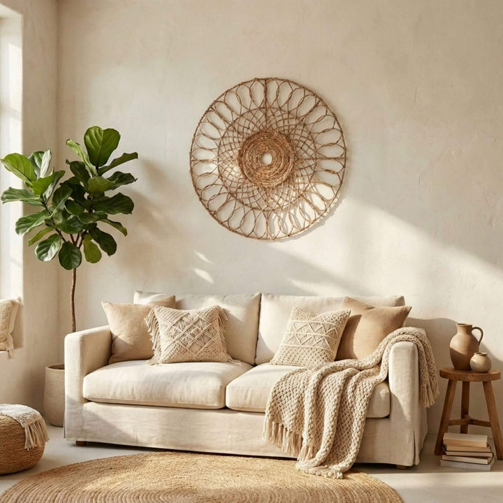 Cozy living room with a beige sofa, decorative pillows, and a woven Banan wall art piece.