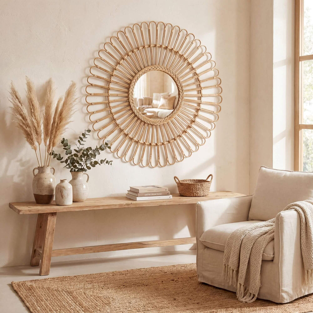 Styled interior setting featuring the Banana mirror above a console in a warm natural space.