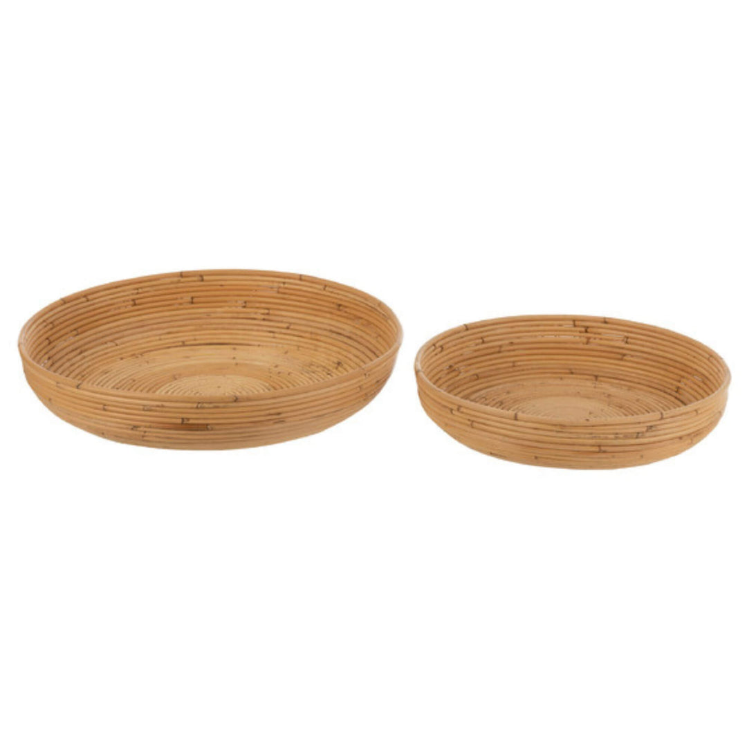 Pair of stacked Banana Plate bamboo trays showing size and height differences.

