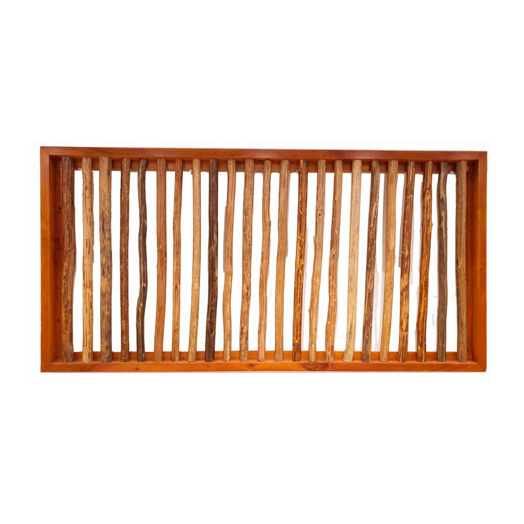 Bangalore Teak Wood wall panel made of natural teak branches framed in solid wood.