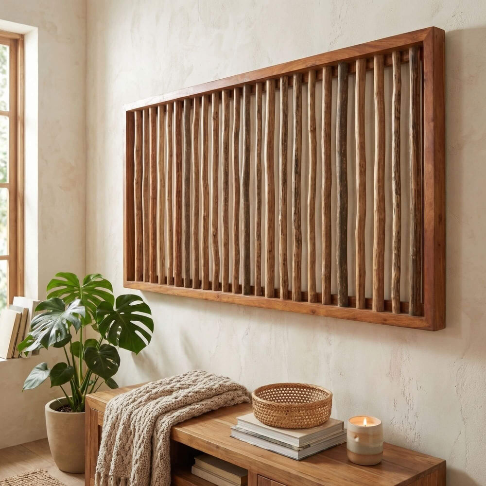 Styled interior setting featuring the Bangalore wall decor mounted above a wooden console with natural accents.