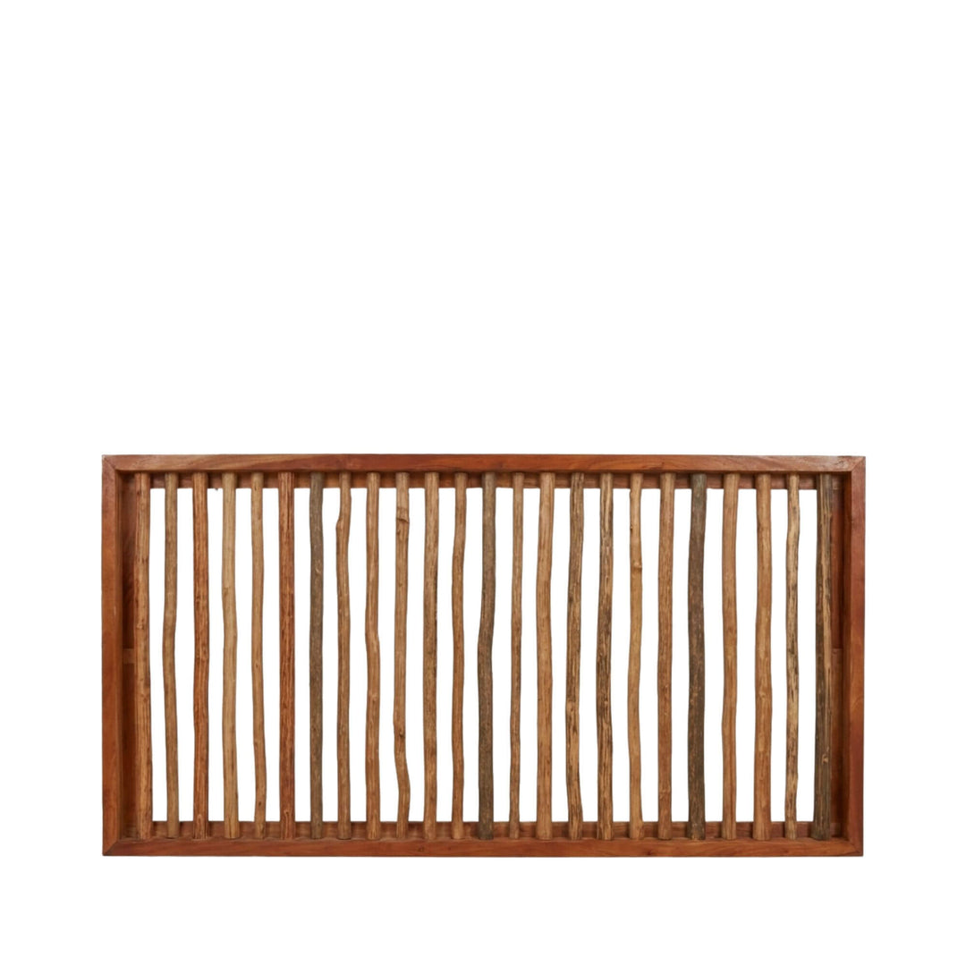 Front view of the Bangalore teak wall decor showcasing its framed vertical wood slats.