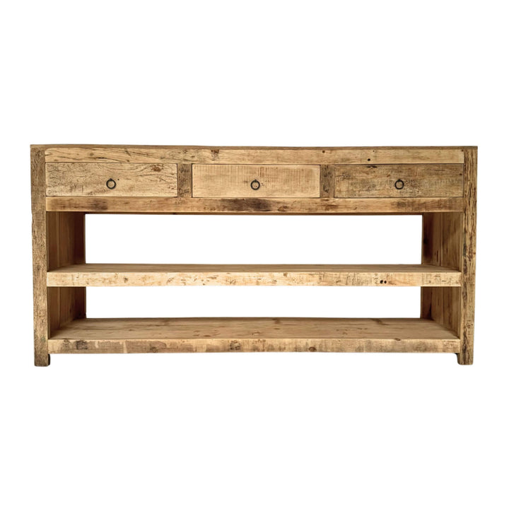 Front view of Bangka Console Table in natural sheesham wood with drawers and open shelves.