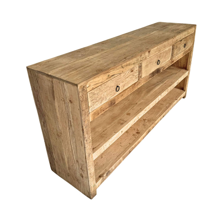 Angled view of rustic sheesham wood console table showing side profile and storage shelves.