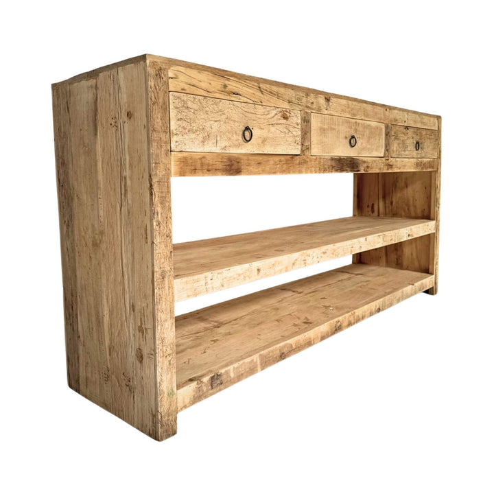 Angled view of rustic sheesham wood console table showing side profile and storage shelves.