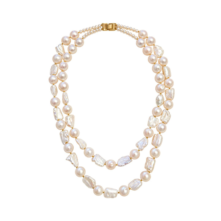 Front view of the Baroque Pearl Duo Necklace with smooth and baroque pearl strands