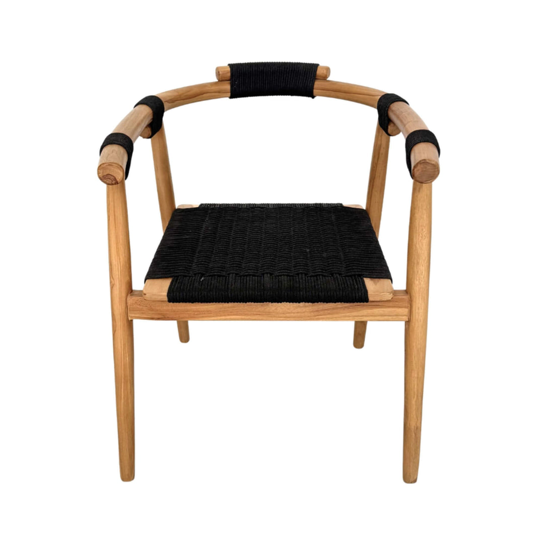 Front view of Baros Dining Chair showing square black rope seat and rounded teak arms.