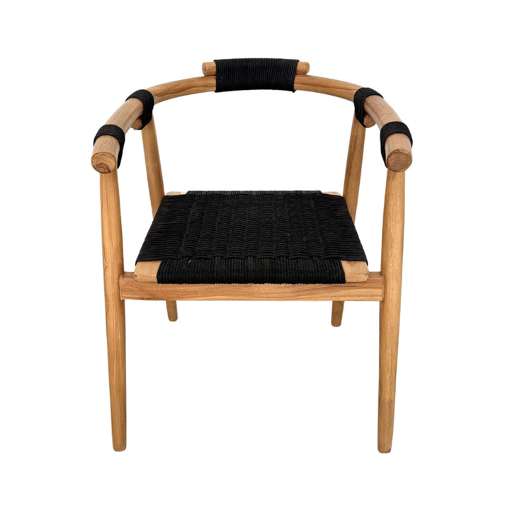Front view of Baros Dining Chair showing square black rope seat and rounded teak arms.