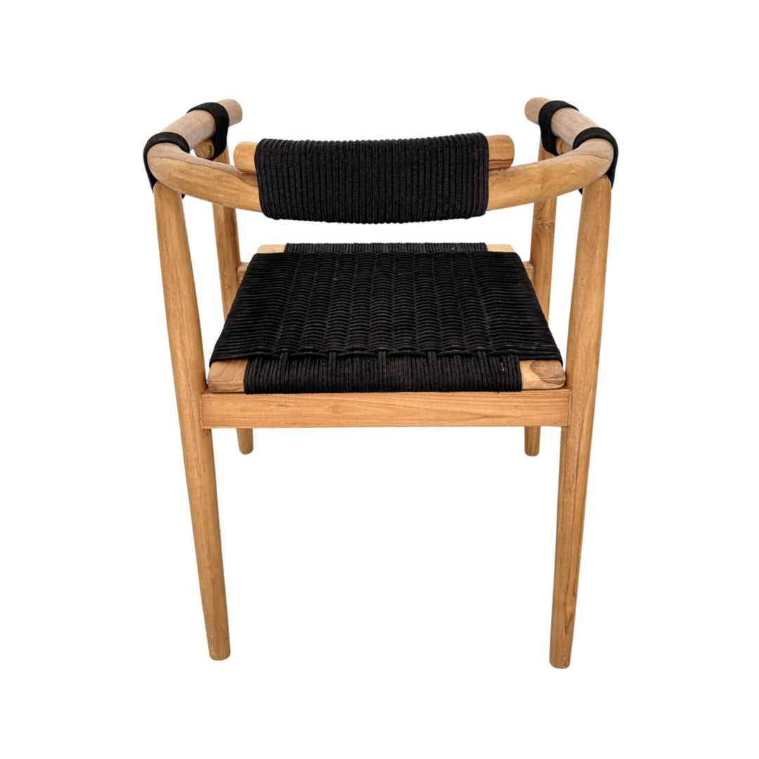 Back view of Baros Dining Chair highlighting curved teak backrest wrapped in black rope.