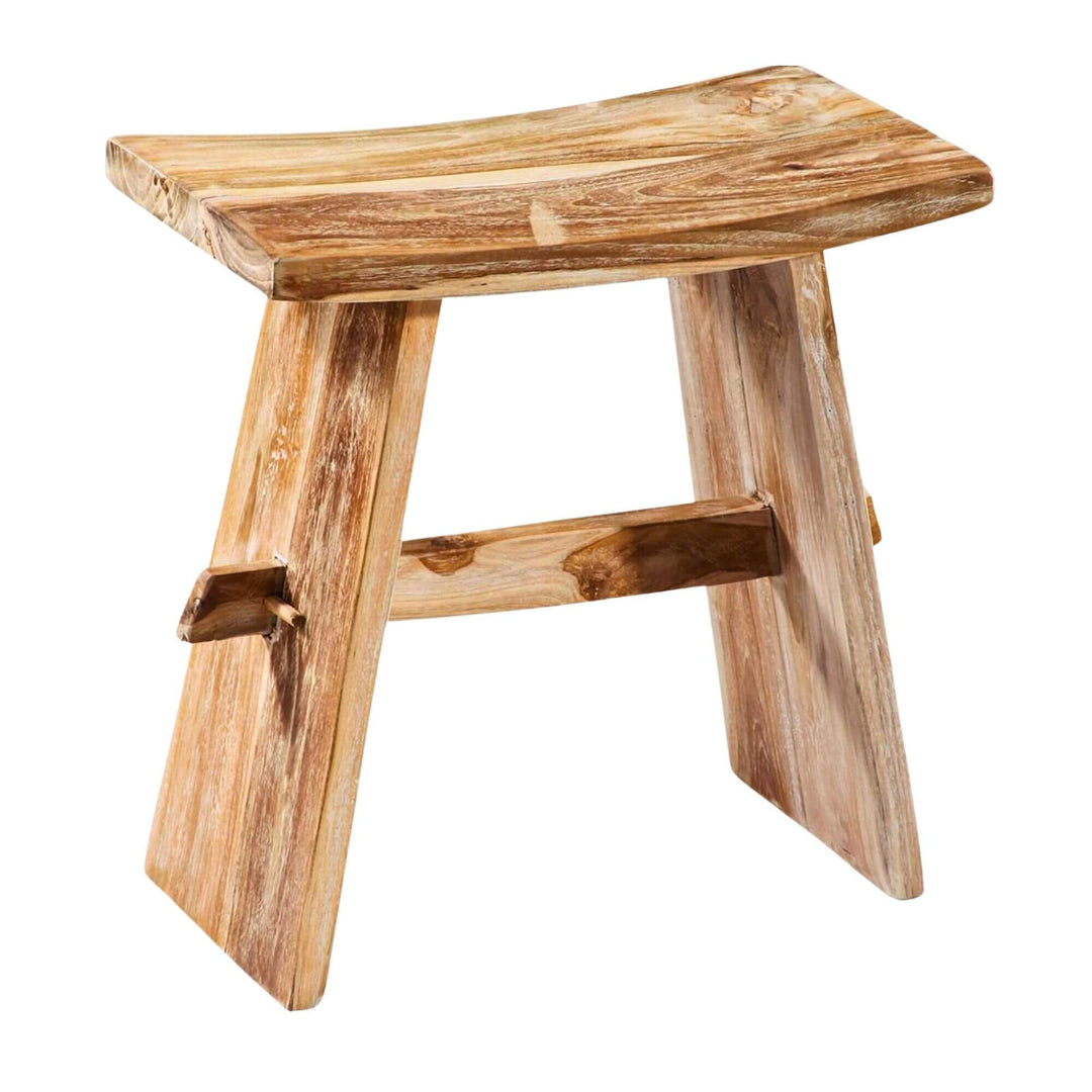 BARTUM TEAK WOOD STOOL with a rustic design on a white background