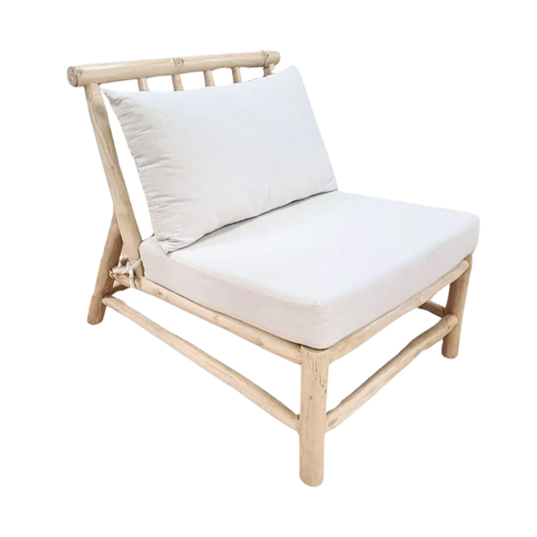 Batang One Seat Sofa without armrest in natural teak branch wood with white cushions